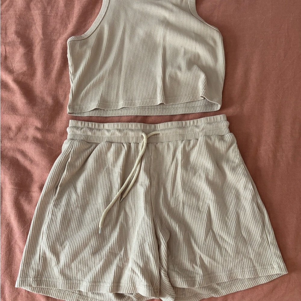 Beige Ribbed Tank and Shorts Set XL